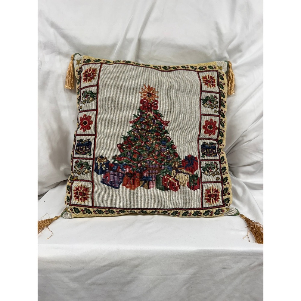 Vintage Style Woven Tapestry Christmas Tree Throw Pillow with Gold Tassels